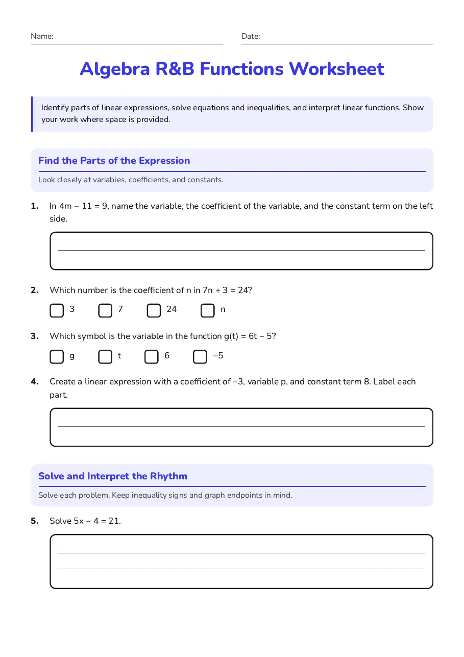 Algebra R&B Functions Worksheet, page 1 of 2: Find the Parts of the Expression, Solve and Interpret the Rhythm