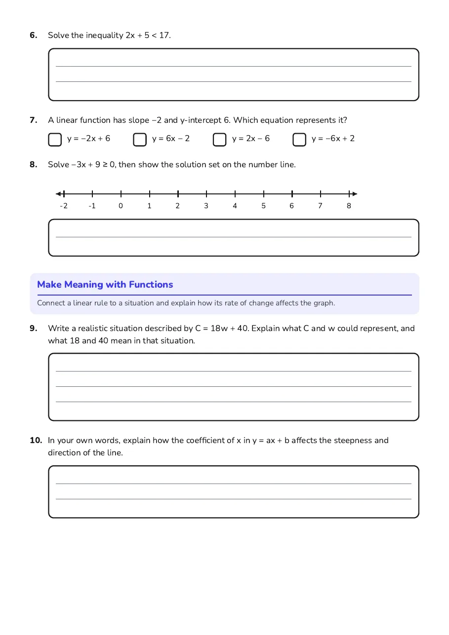 Algebra R&B Functions Worksheet, page 2 of 2: Make Meaning with Functions
