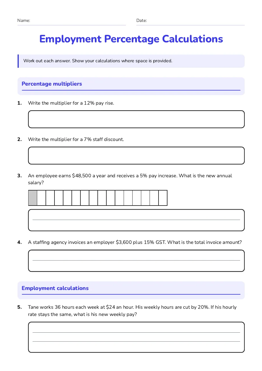 Employment Percentage Calculations, page 1 of 2: Percentage multipliers, Employment calculations