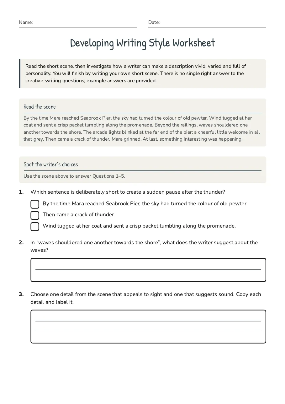 Developing Writing Style Worksheet, page 1 of 3: Read the scene, Spot the writer’s choices