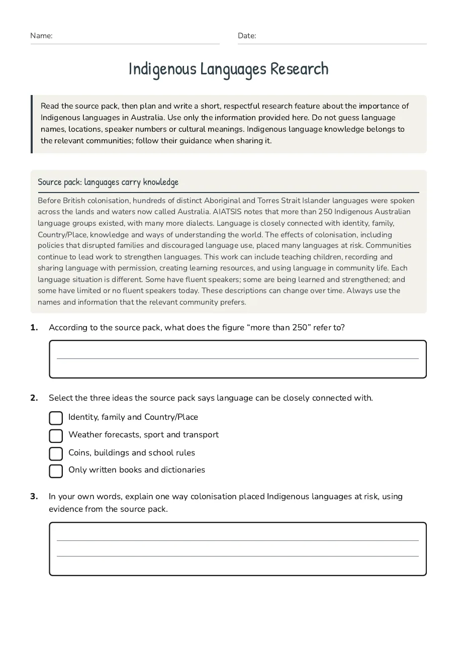 Indigenous Languages Research, page 1 of 3: Source pack: languages carry knowledge