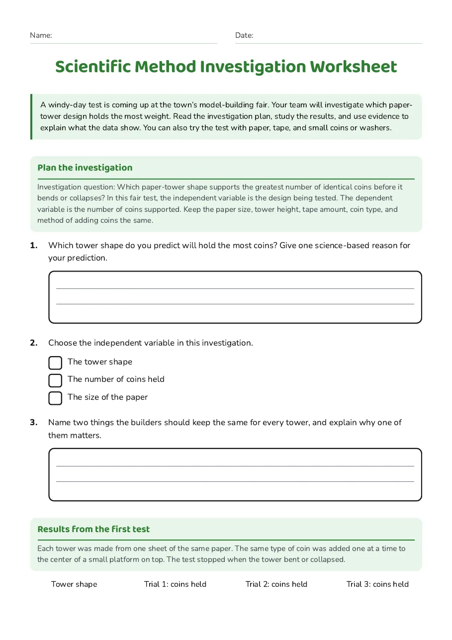 Scientific Method Investigation Worksheet, page 1 of 3: Plan the investigation, Results from the first test