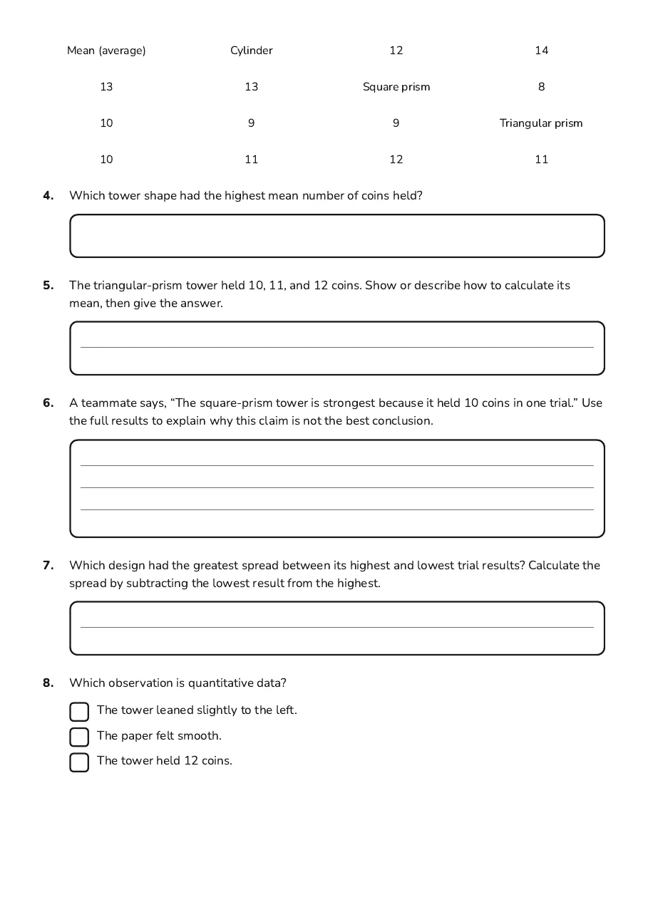 Scientific Method Investigation Worksheet, page 2 of 3: Mean (average) Cylinder 12 14