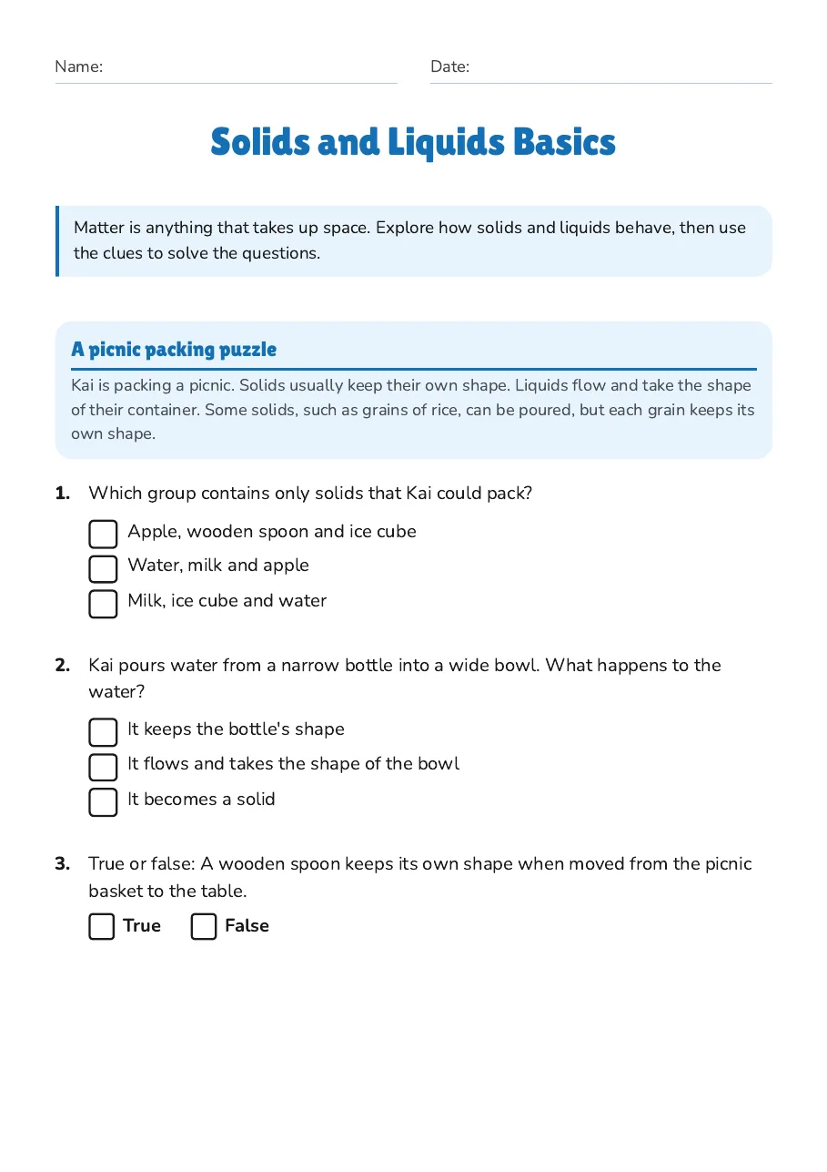 Solids and Liquids Basics, page 1 of 3: A picnic packing puzzle