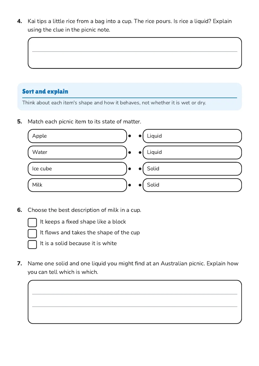 Solids and Liquids Basics, page 2 of 3: Sort and explain