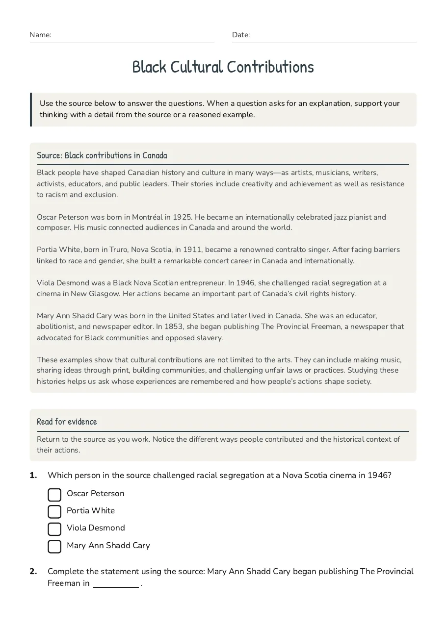 Black Cultural Contributions, page 1 of 3: Source: Black contributions in Canada, Read for evidence