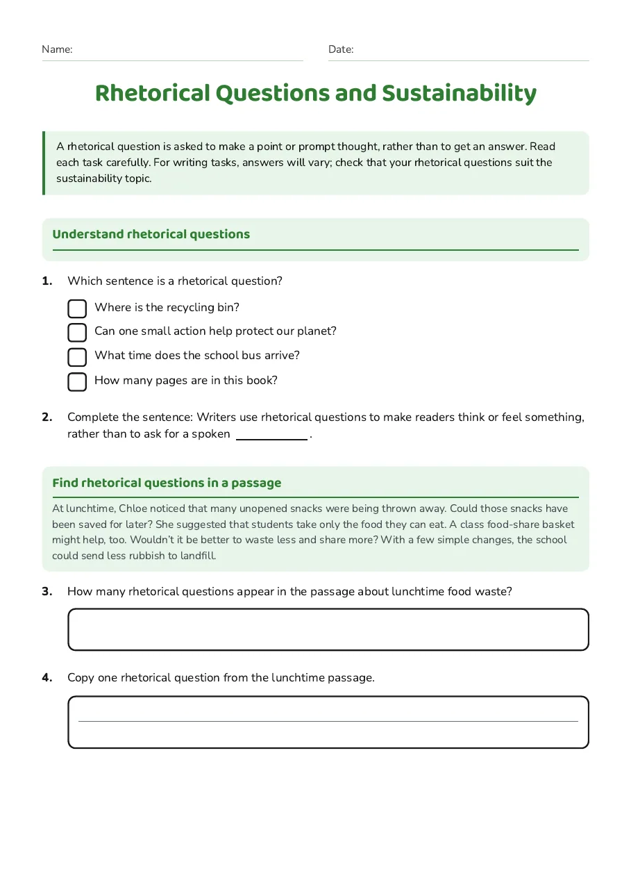 Rhetorical Questions and Sustainability, page 1 of 2: Understand rhetorical questions, Find rhetorical questions in a passage