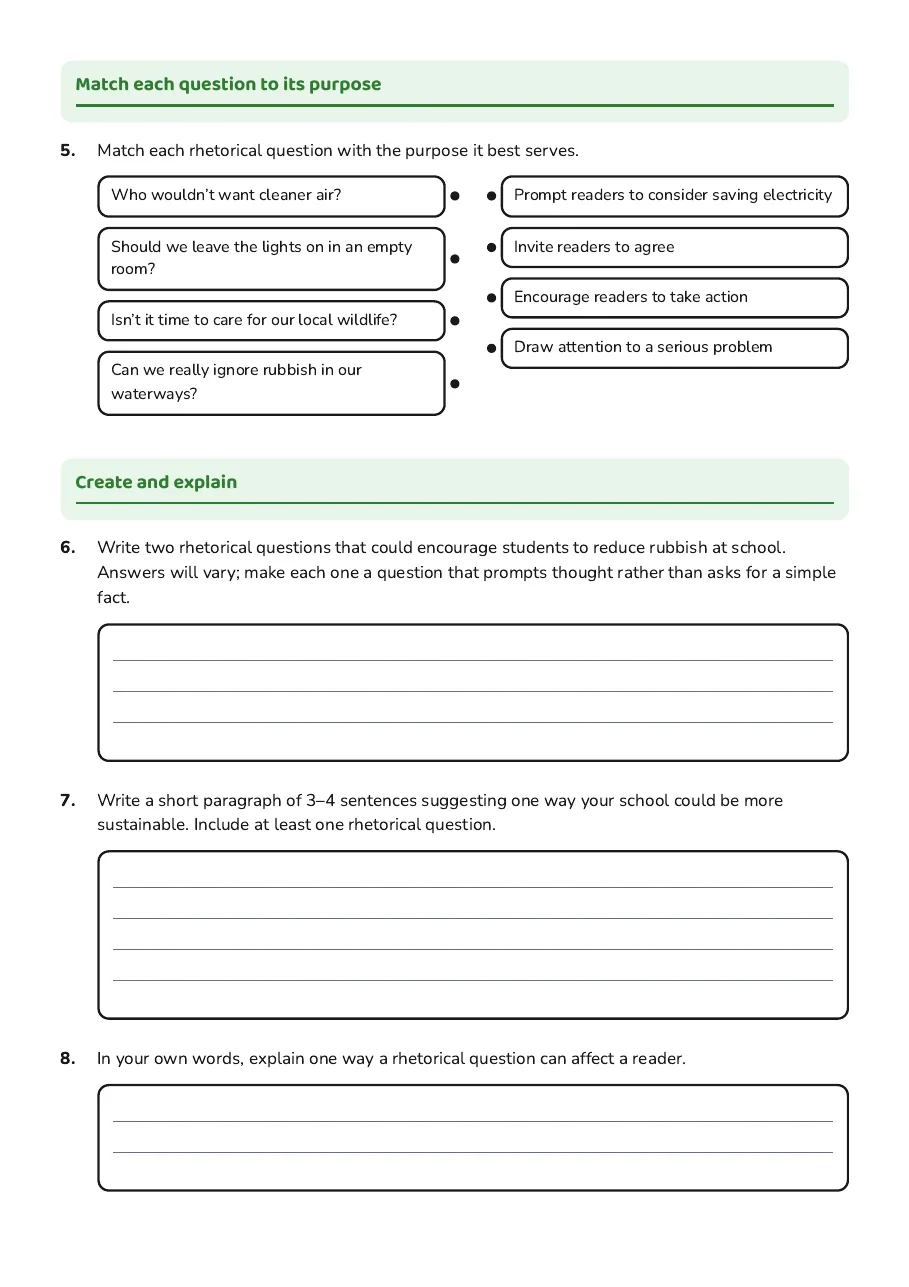 Rhetorical Questions and Sustainability, page 2 of 2: Match each question to its purpose, Create and explain