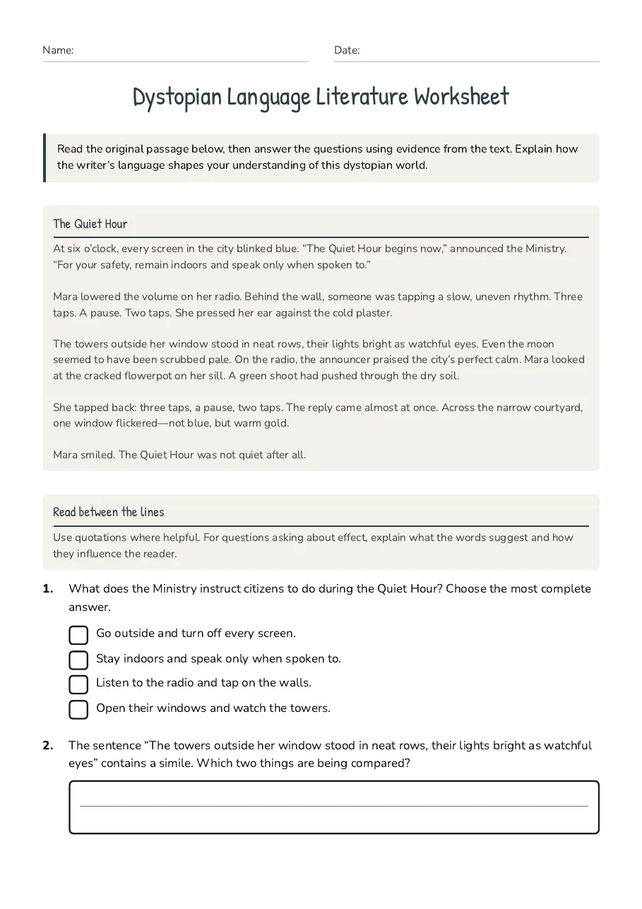 Dystopian Language Literature Worksheet, page 1 of 3: The Quiet Hour, Read between the lines