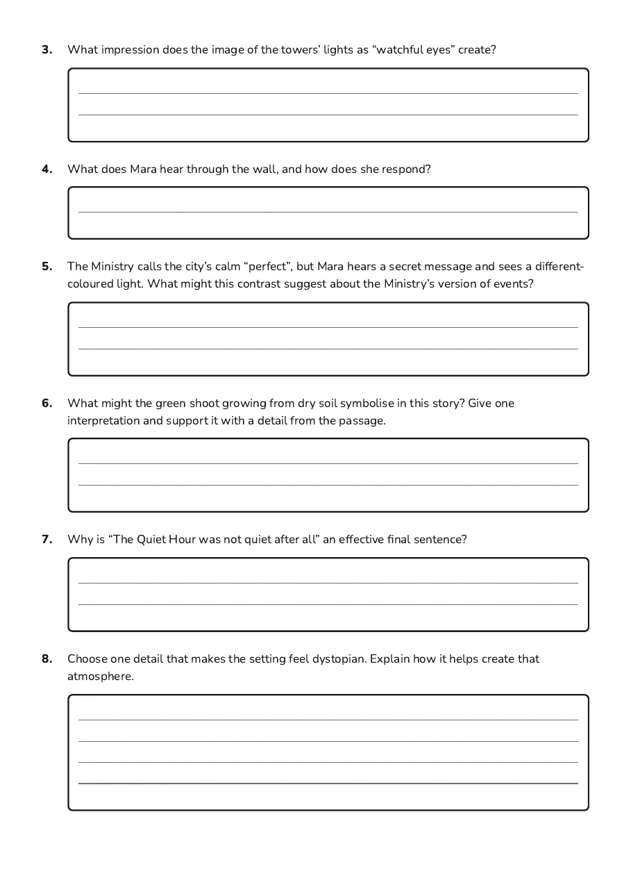 Dystopian Language Literature Worksheet, page 2 of 3: The Quiet Hour