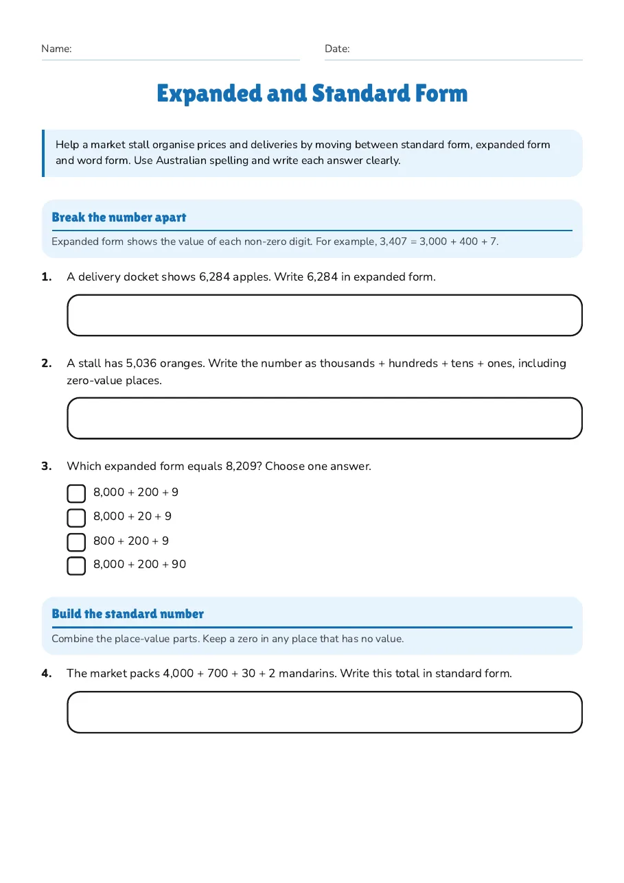 Expanded and Standard Form, page 1 of 2: Break the number apart, Build the standard number