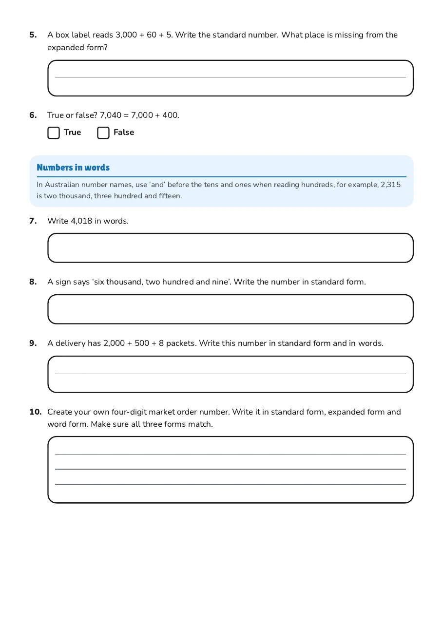 Expanded and Standard Form, page 2 of 2: Numbers in words