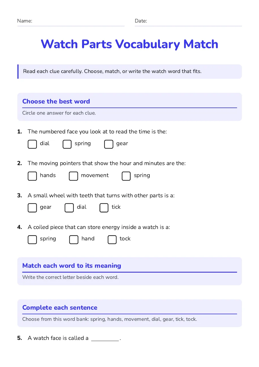 Watch Parts Vocabulary Match, page 1 of 2: Choose the best word, Match each word to its meaning, Complete each sentence