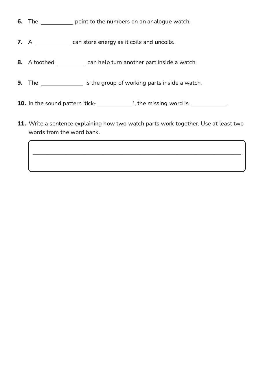 Watch Parts Vocabulary Match, page 2 of 2: 6. The point to the numbers on an analogue watch.