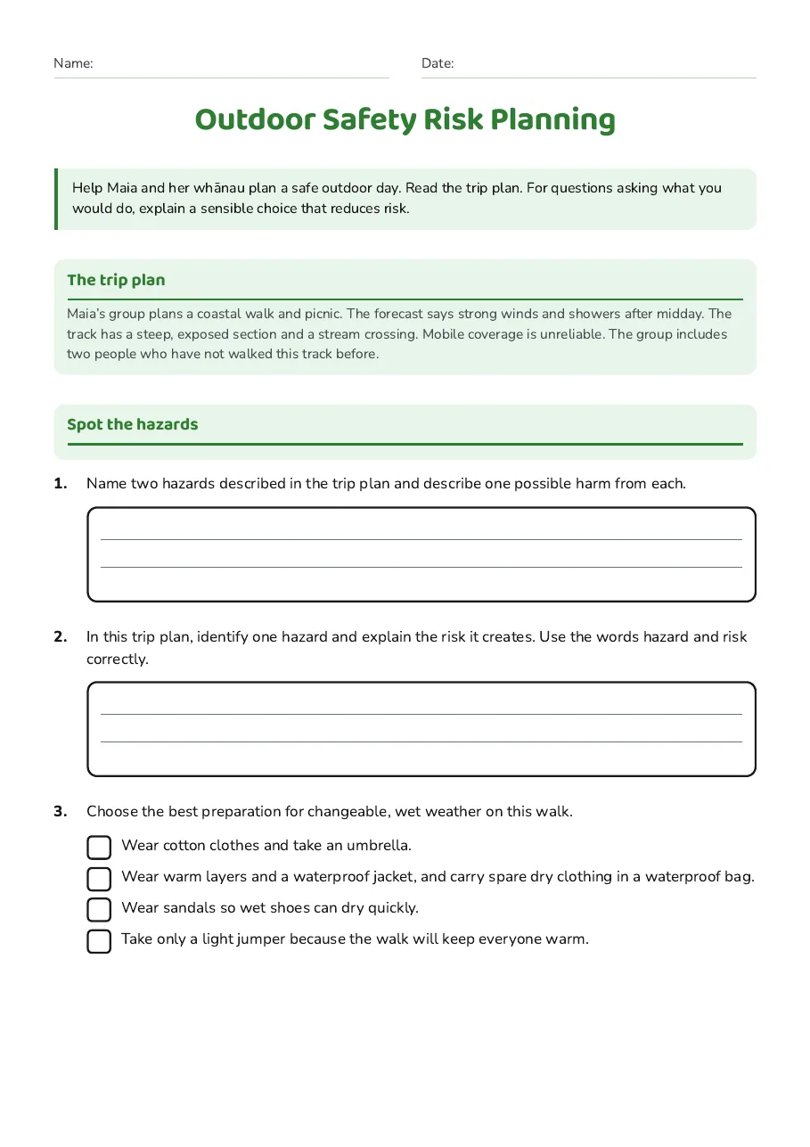 Outdoor Safety Risk Planning, page 1 of 3: The trip plan, Spot the hazards