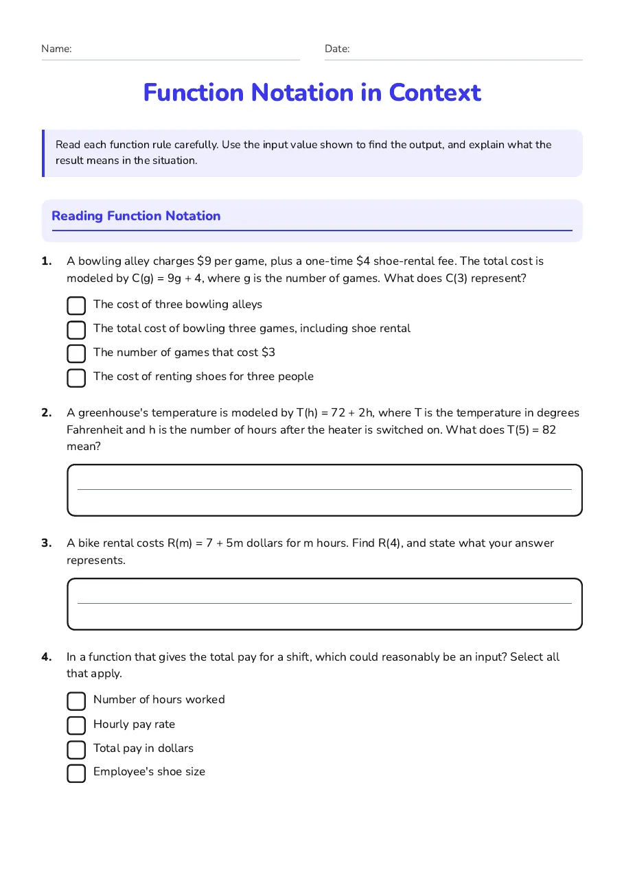 Function Notation in Context, page 1 of 3: Reading Function Notation