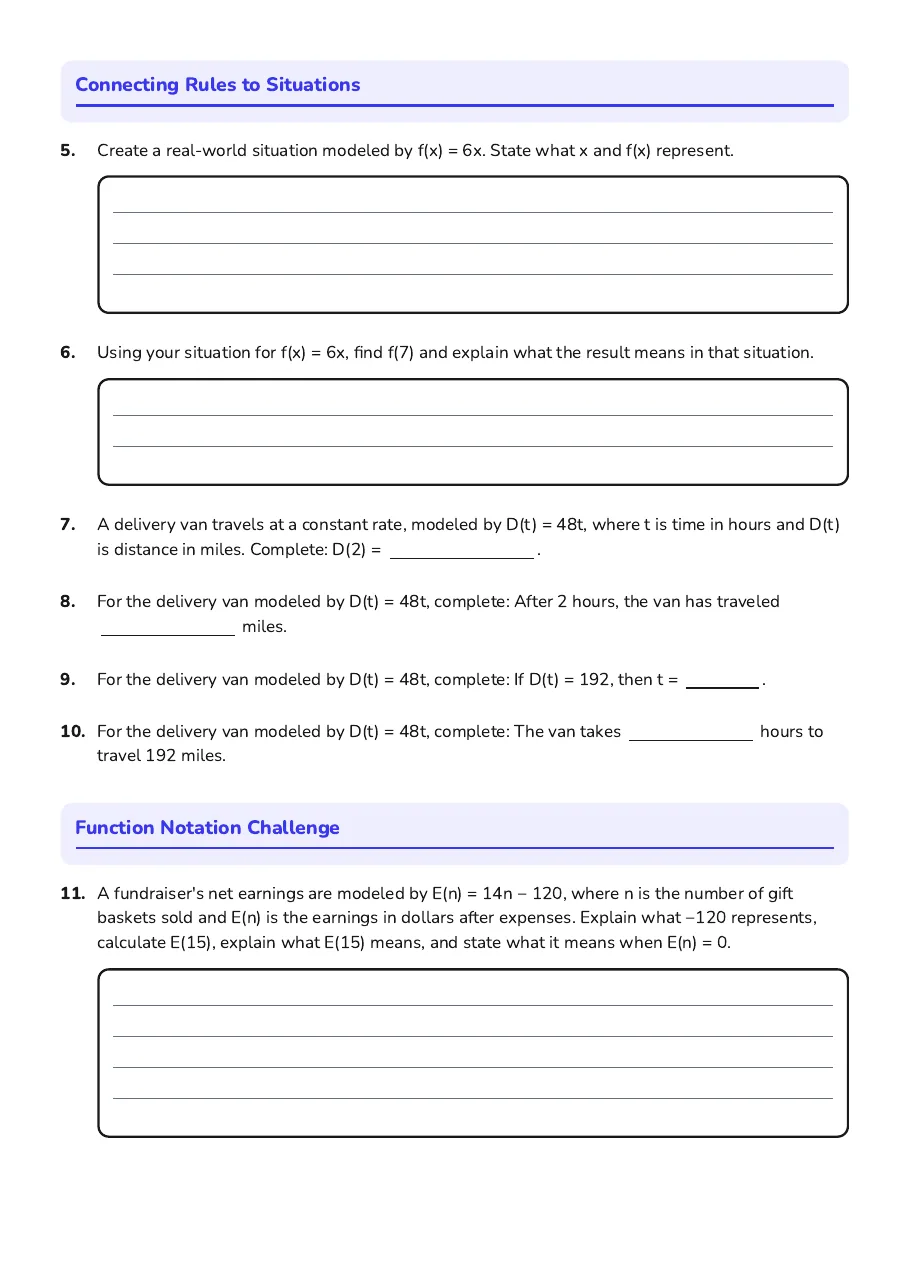 Function Notation in Context, page 2 of 3: Connecting Rules to Situations, Function Notation Challenge