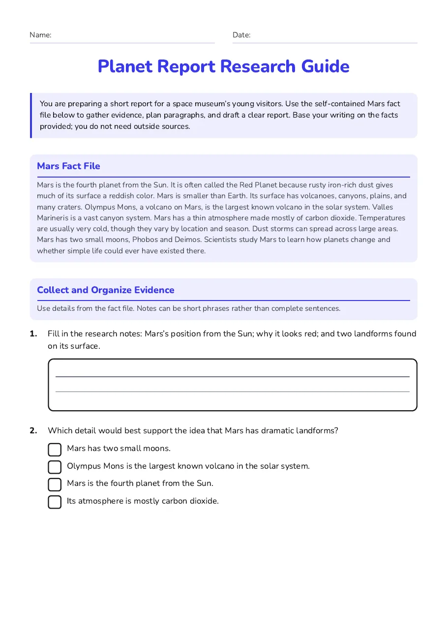 Planet Report Research Guide, page 1 of 3: Mars Fact File, Collect and Organize Evidence