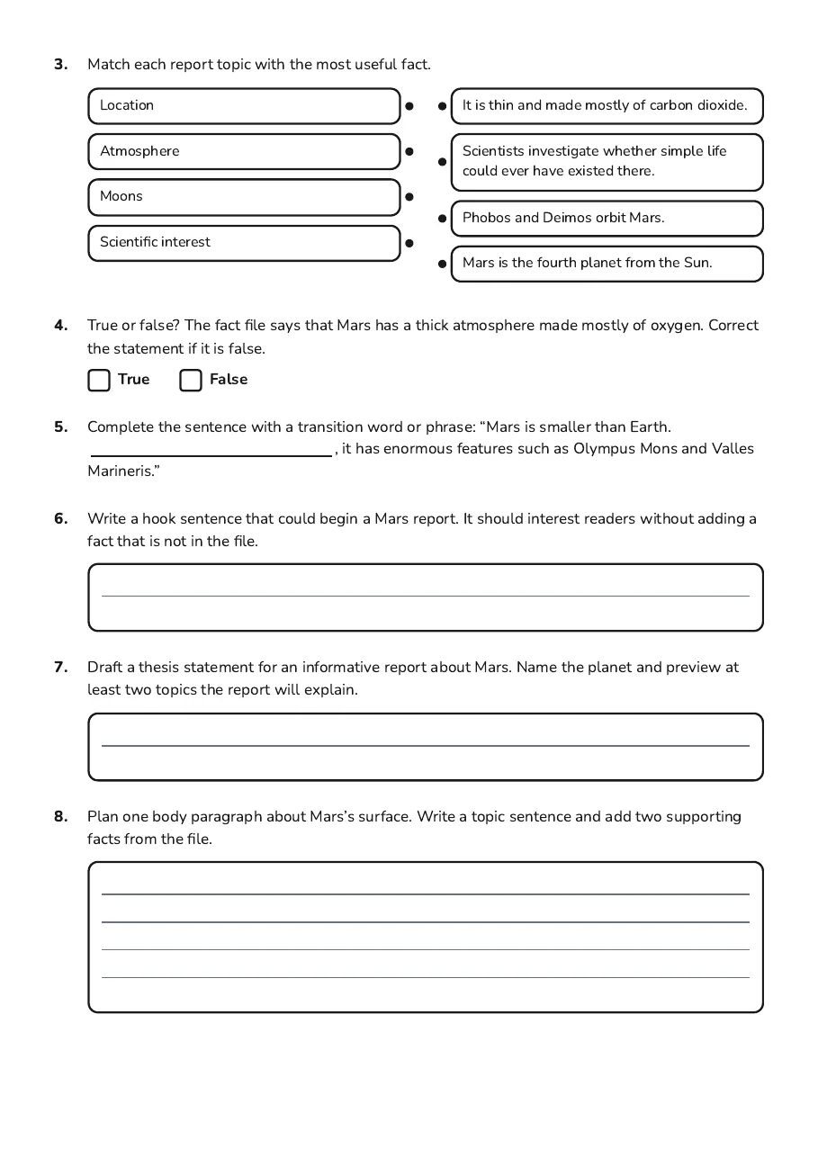 Planet Report Research Guide, page 2 of 3: 3. Match each report topic with the most useful fact.