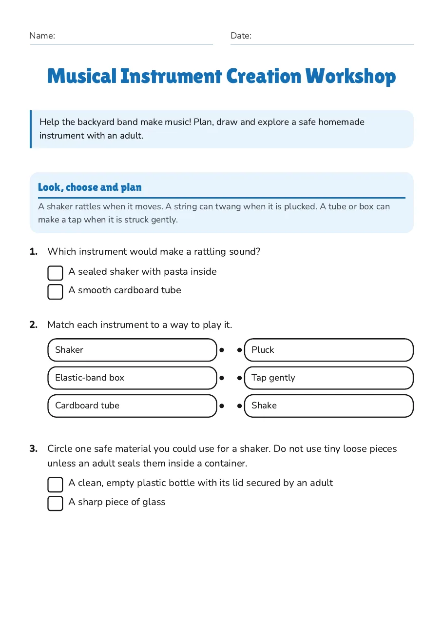 Musical Instrument Creation Workshop, page 1 of 3: Look, choose and plan
