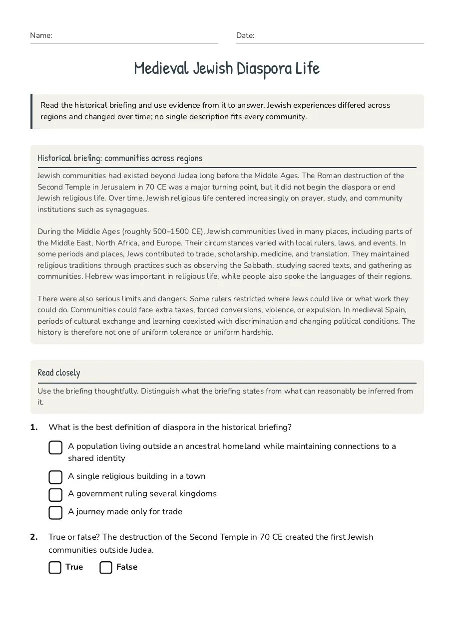 Medieval Jewish Diaspora Life, page 1 of 3: Historical briefing: communities across regions, Read closely