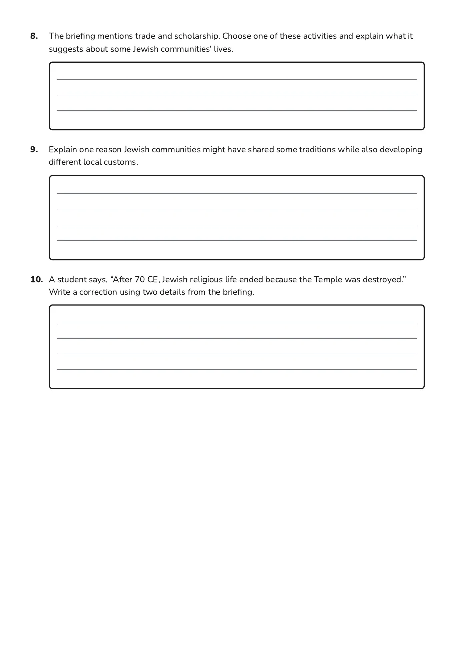 Medieval Jewish Diaspora Life, page 3 of 3: 8. The briefing mentions trade and scholarship. Choose one of these activities and…