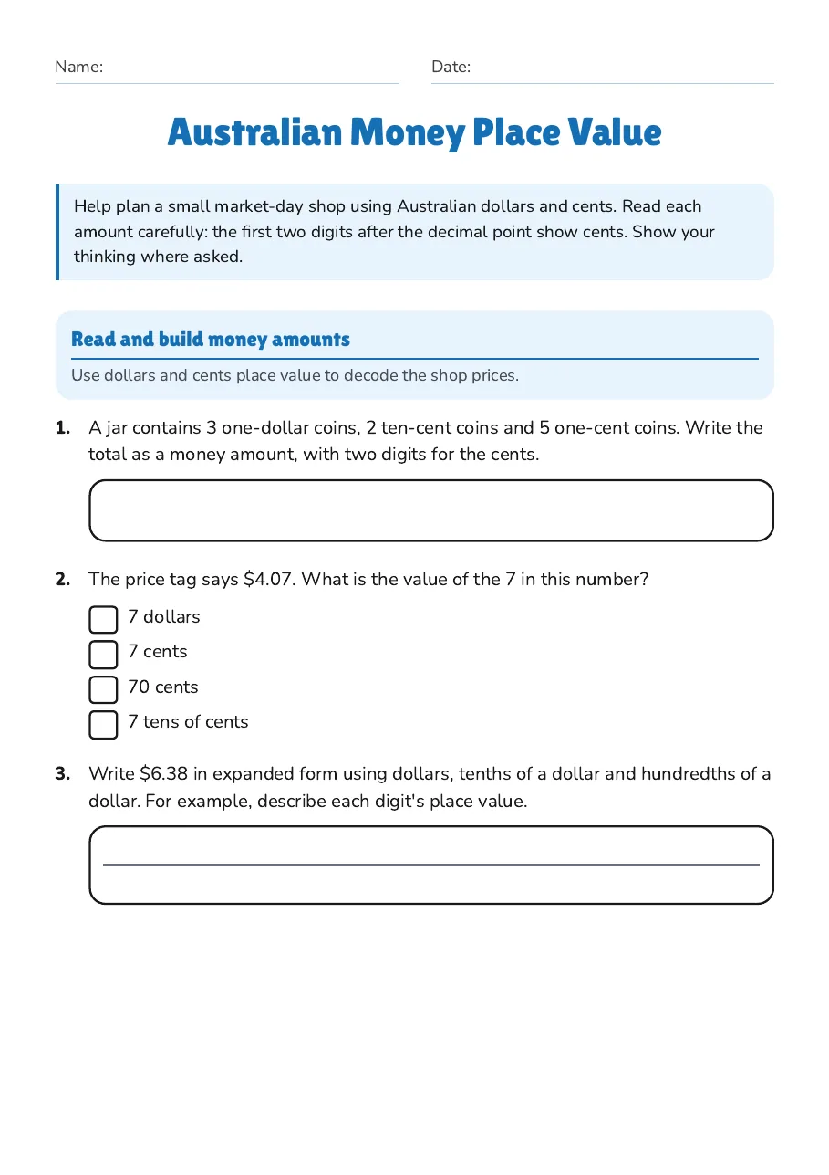Australian Money Place Value, page 1 of 3: Read and build money amounts