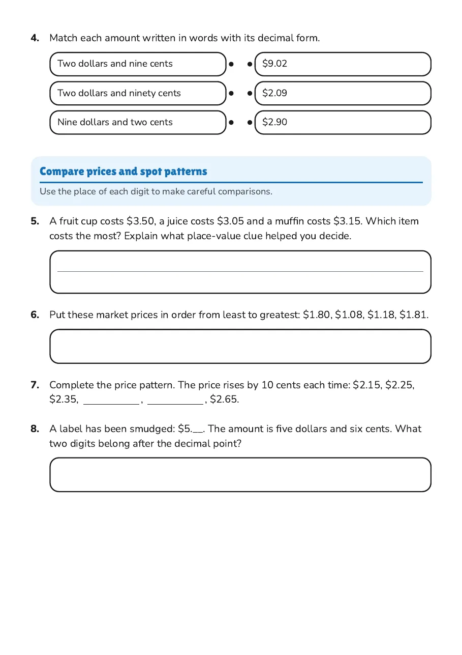 Australian Money Place Value, page 2 of 3: Compare prices and spot patterns