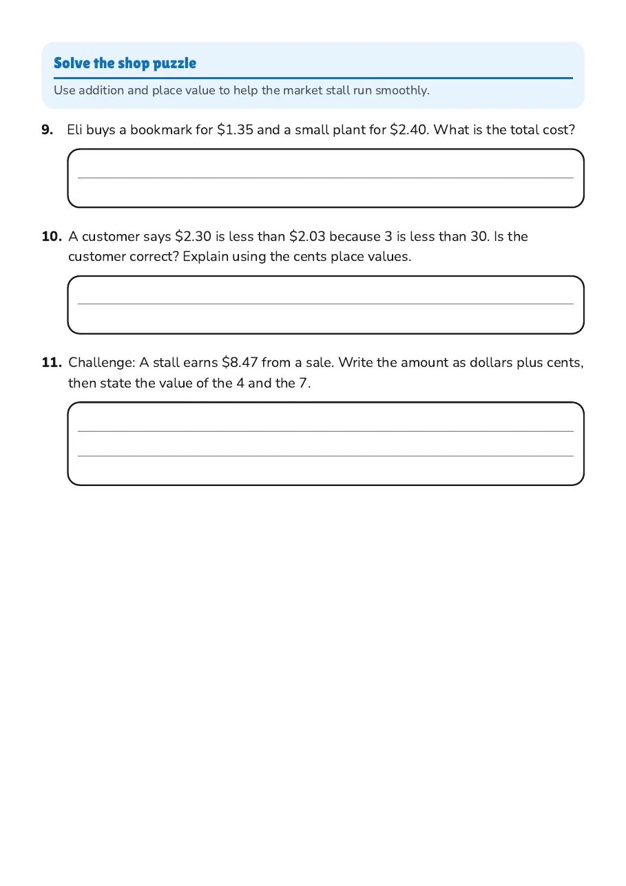 Australian Money Place Value, page 3 of 3: Solve the shop puzzle