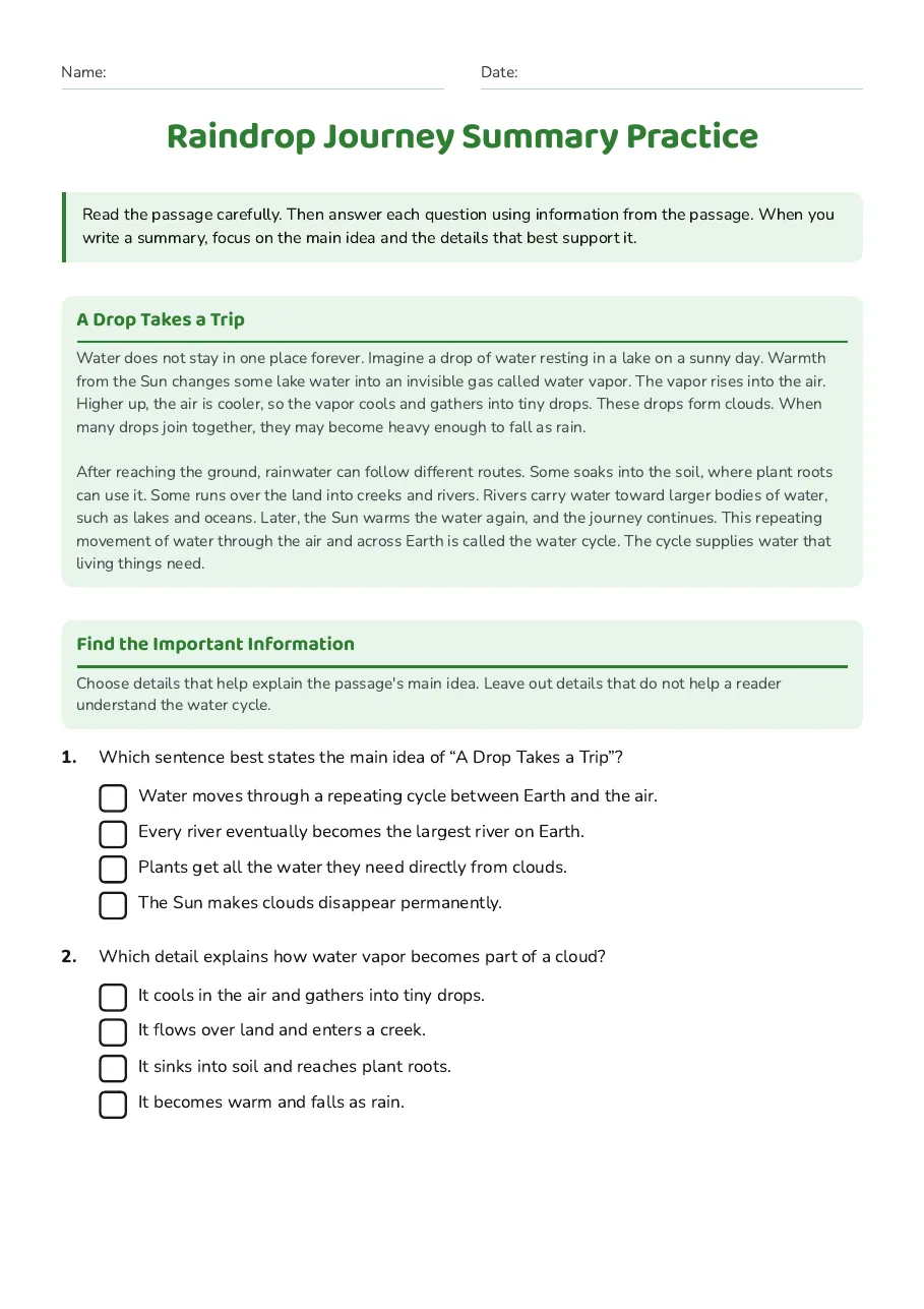 Raindrop Journey Summary Practice, page 1 of 3: A Drop Takes a Trip, Find the Important Information