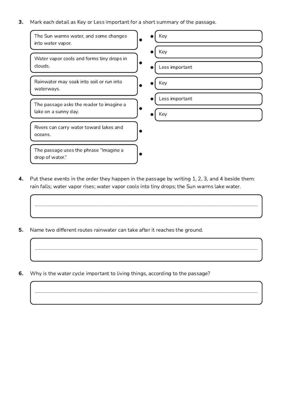 Raindrop Journey Summary Practice, page 2 of 3: 3. Mark each detail as Key or Less important for a short summary of the passage.
