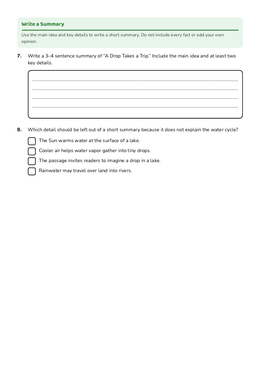 Raindrop Journey Summary Practice, page 3 of 3: A Drop Takes a Trip, Write a Summary