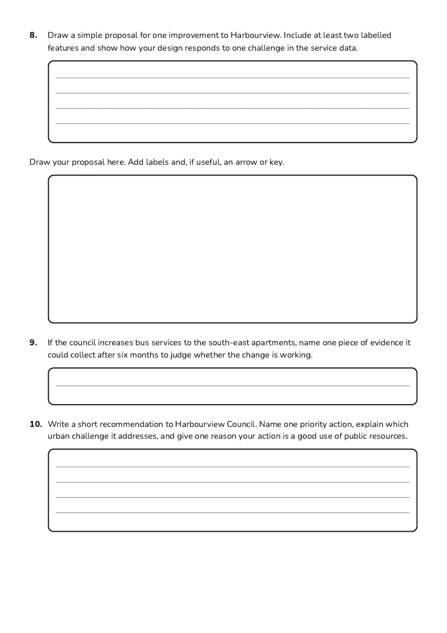 Urban Management Solutions, page 3 of 3: 8. Draw a simple proposal for one improvement to Harbourview. Include at least two…