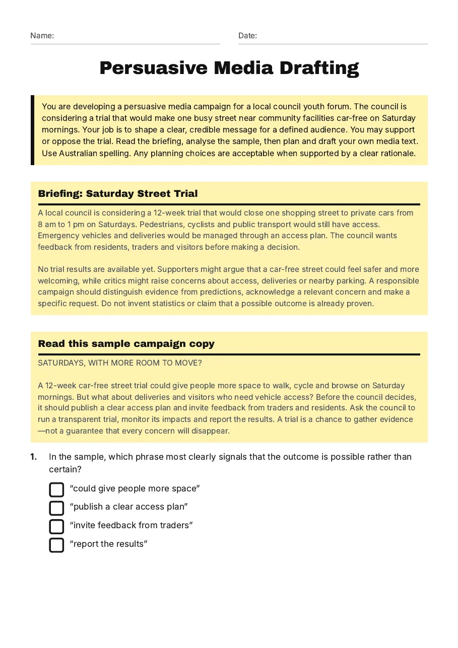 Persuasive Media Drafting, page 1 of 4: Briefing: Saturday Street Trial, Read this sample campaign copy
