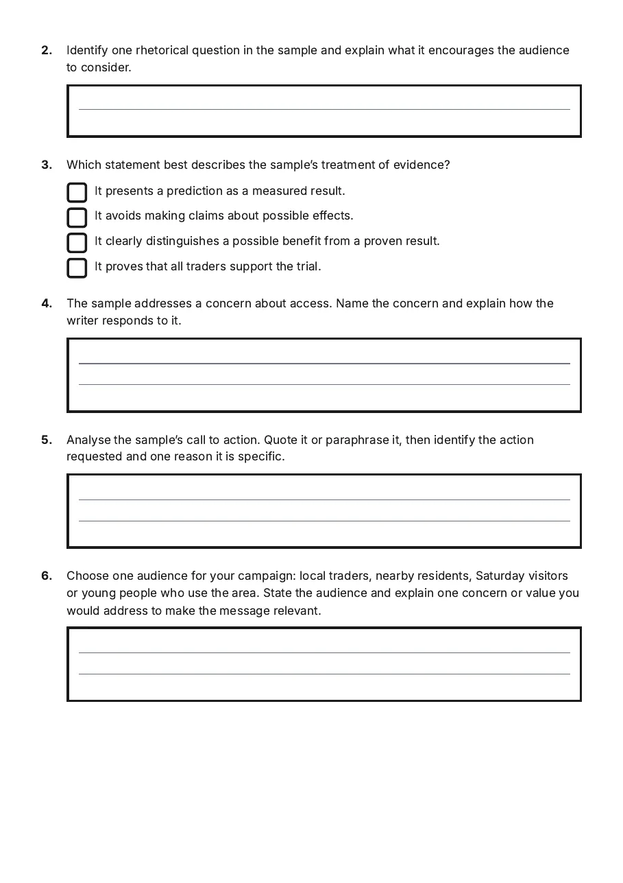 Persuasive Media Drafting, page 2 of 4: 2. Identify one rhetorical question in the sample and explain what it encourages the…