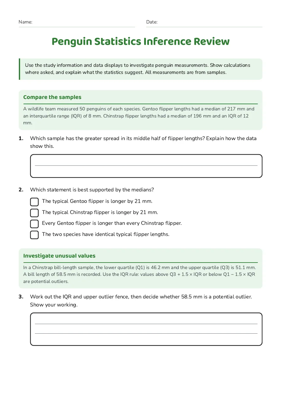 Penguin Statistics Inference Review, page 1 of 3: Compare the samples, Investigate unusual values
