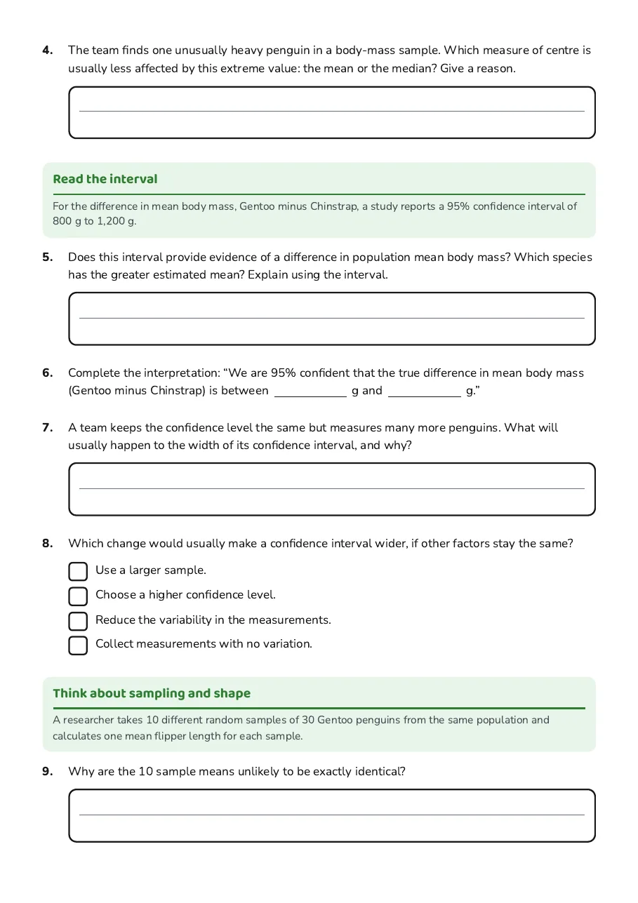 Penguin Statistics Inference Review, page 2 of 3: Read the interval, Think about sampling and shape