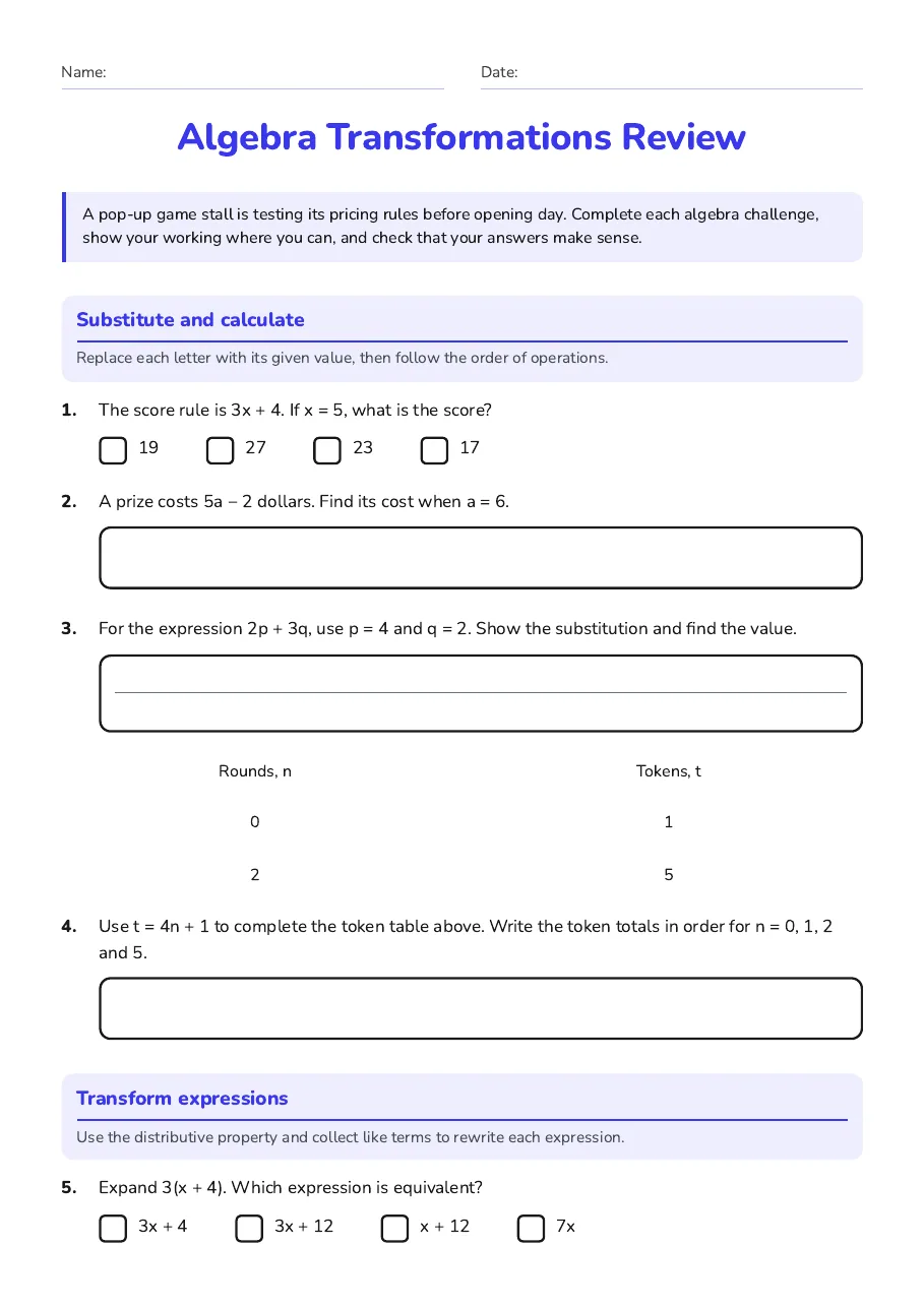 Algebra Transformations Review, page 1 of 3: Substitute and calculate, Transform expressions