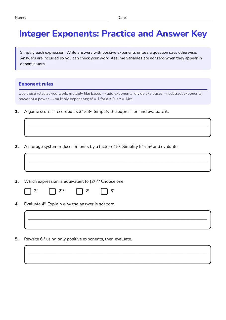 Integer Exponents: Practice and Answer Key, page 1 of 3: Exponent rules