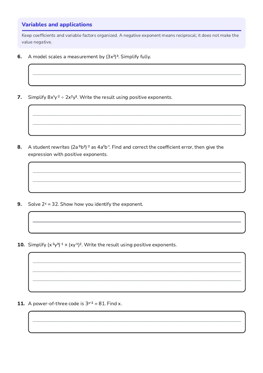 Integer Exponents: Practice and Answer Key, page 2 of 3: Variables and applications