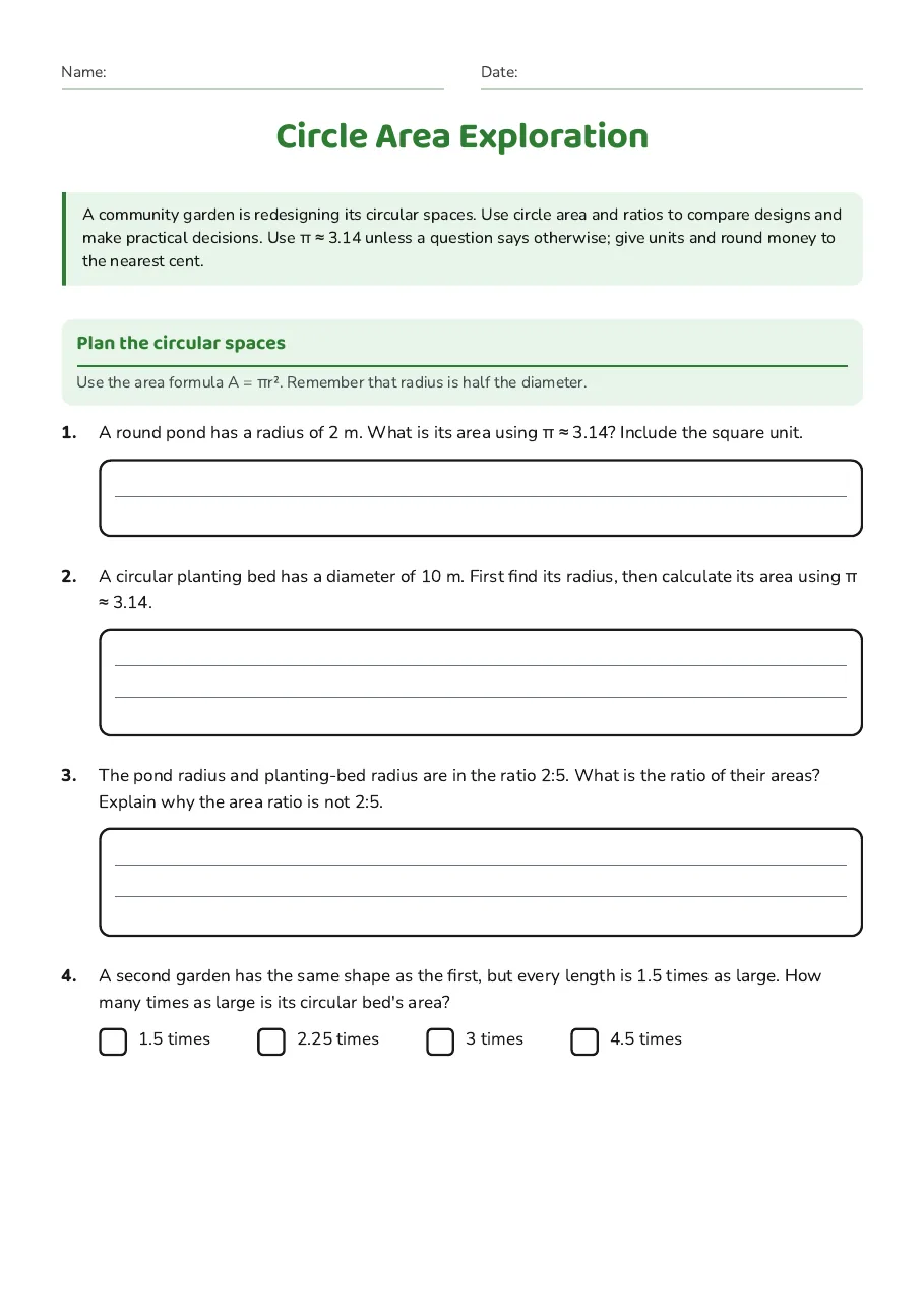 Circle Area Exploration, page 1 of 3: Plan the circular spaces