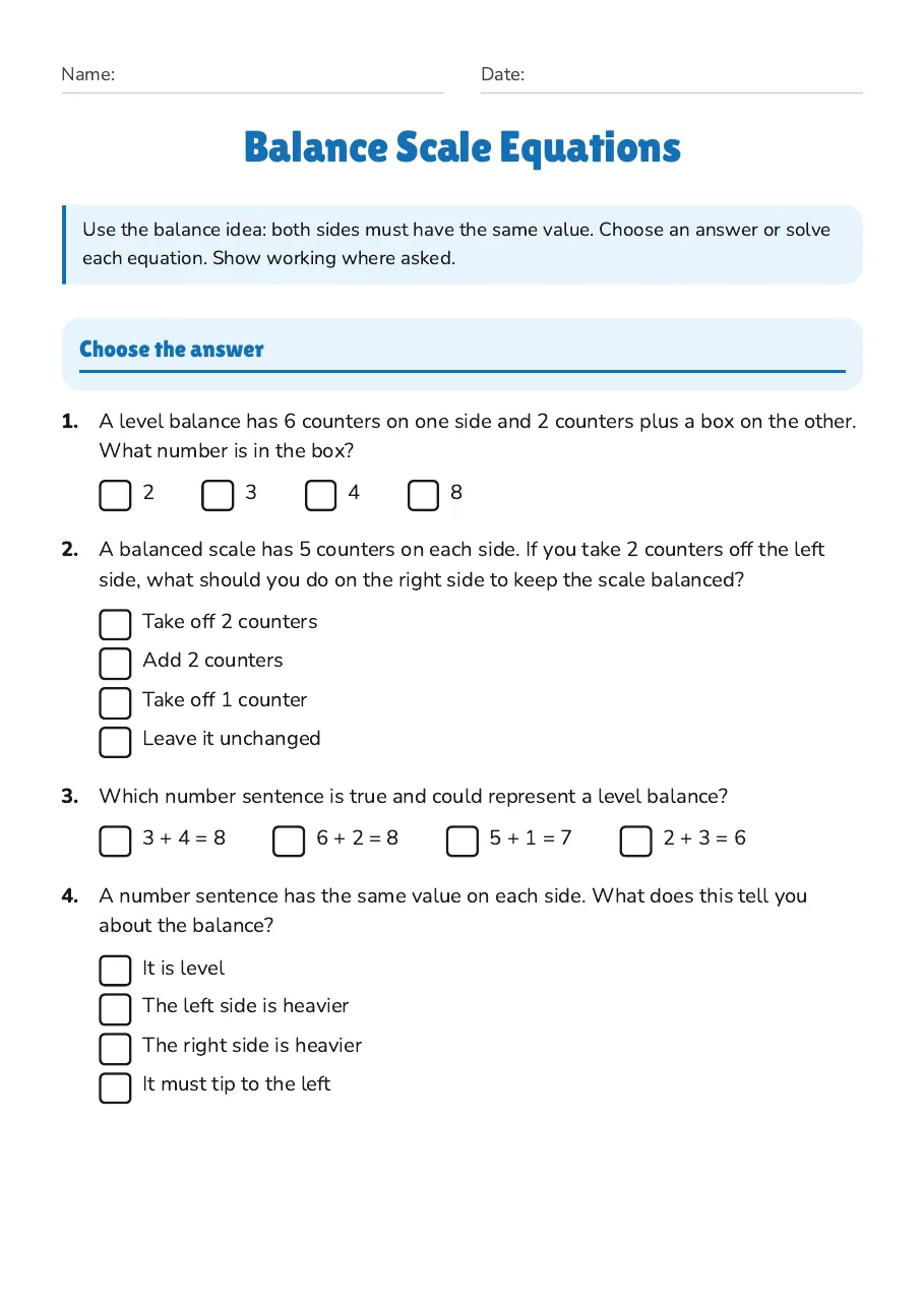 Balance Scale Equations, page 1 of 3: Choose the answer