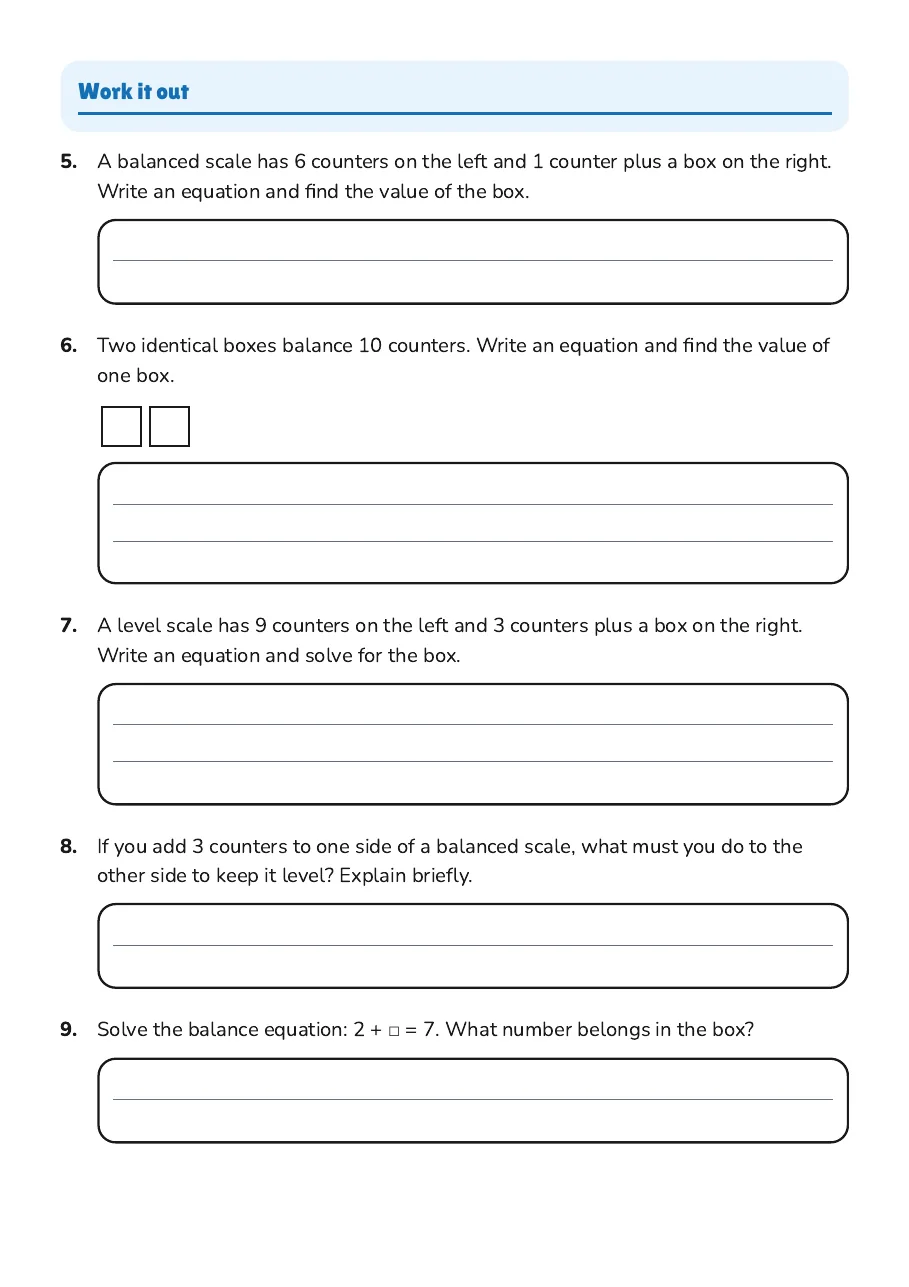 Balance Scale Equations, page 2 of 3: Work it out