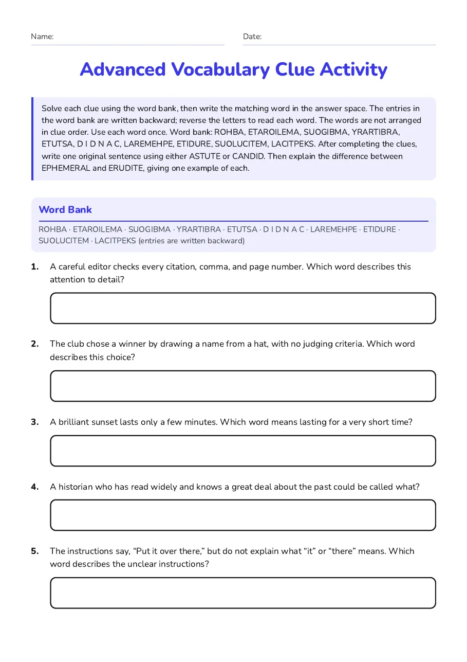 Advanced Vocabulary Clue Activity, page 1 of 2: Word Bank