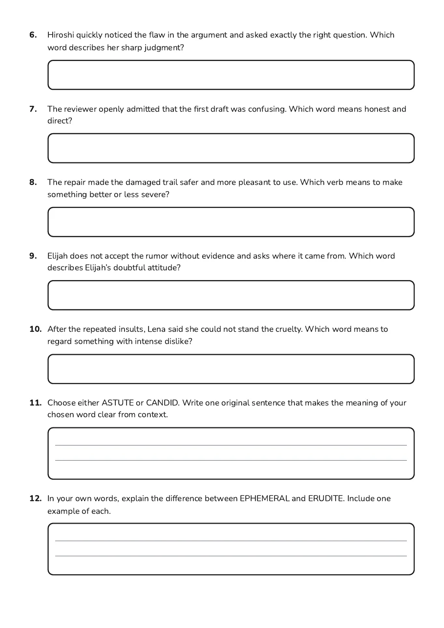 Advanced Vocabulary Clue Activity, page 2 of 2: 6. Hiroshi quickly noticed the flaw in the argument and asked exactly the right question.…