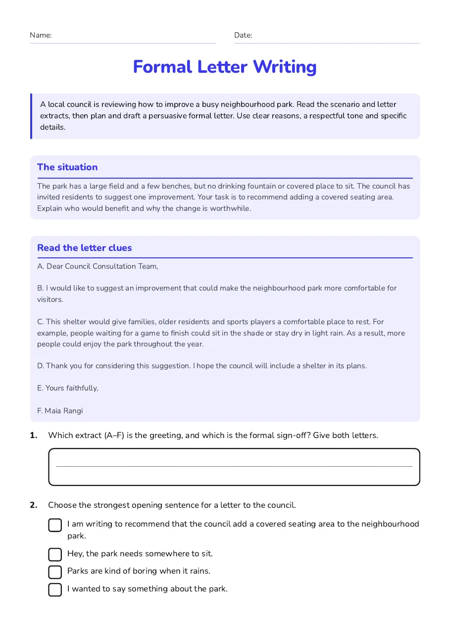 Formal Letter Writing, page 1 of 3: The situation, Read the letter clues