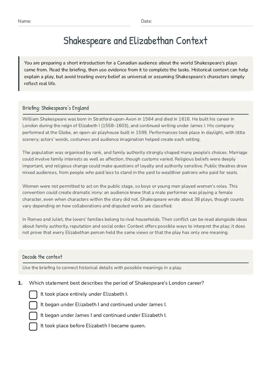 Shakespeare and Elizabethan Context, page 1 of 3: Briefing: Shakespeare’s England, Decode the context