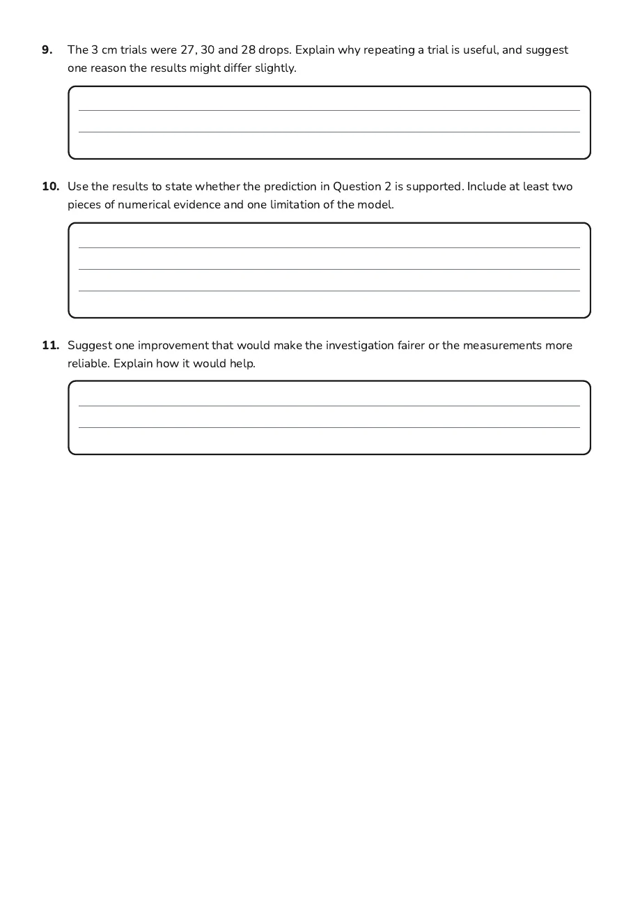 Scientific Method Rain Experiment, page 3 of 3: 9. The 3 cm trials were 27, 30 and 28 drops. Explain why repeating a trial is useful, and…