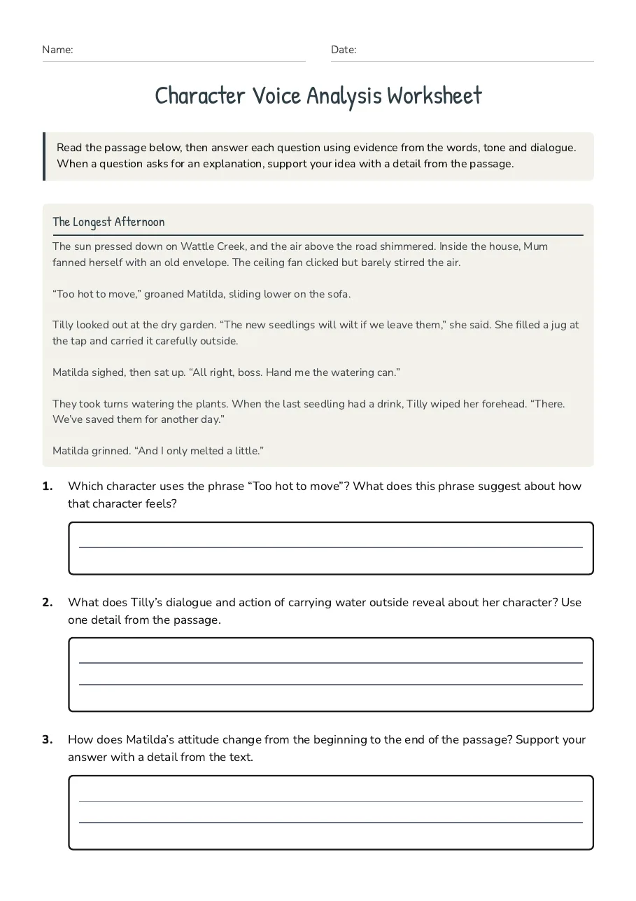 Character Voice Analysis Worksheet, page 1 of 2: The Longest Afternoon