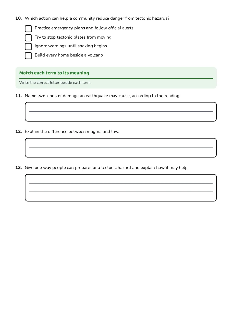 Tectonic Hazards Reading Comprehension, page 3 of 3: Match each term to its meaning